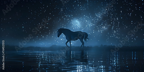 Beautiful horse silhouette in the night with starry sky  