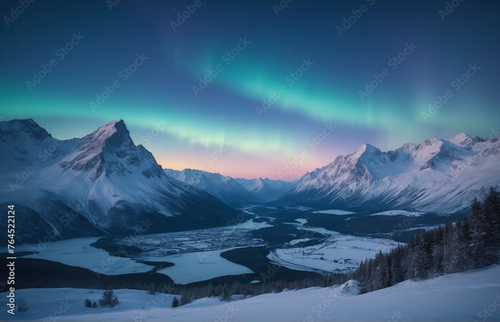 Blue winter landscape Mountains snow aurora borealis