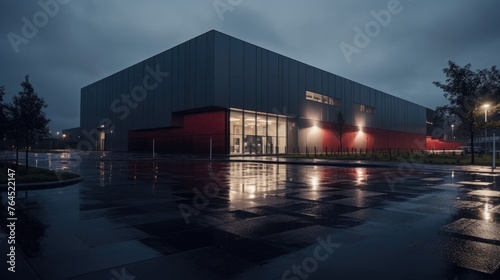Modern sleek warehouse office building facility exterior architecture, steel, night, cloudy, overcast