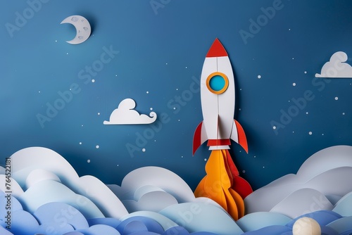 Papercut style of rocket launch business growth concept