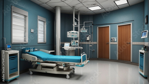 A hospital room with a bed medical equipment and a door