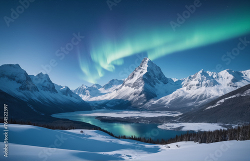 Blue winter landscape Mountains snow aurora borealis © rodrigo