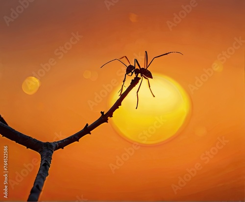 In the glow of the setting sun, a red ant moves with grace along a tree branch, its silhouette etched against the colorful sky. Each step holds purpose, bathed in the soft, fading light of dusk.