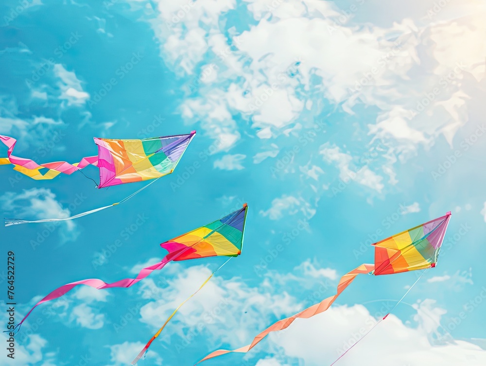 Skyward Celebration, Colorful kites soar against a bright blue sky with fluffy clouds, capturing the joy and freedom of a breezy summer day. summer, day, flying, high, leisure, playful, wind