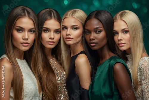 Five diverse female models pose elegantly against a sparkling green backdrop  showcasing beauty and fashion