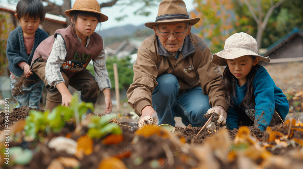 Asian grandfather and his three grandchildren working in the garden - obrazy, fototapety, plakaty 