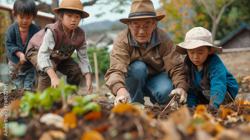 Asian grandfather and his three grandchildren working in the garden