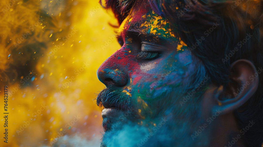 Portrait of an Indian man surrounded by Holi colors.