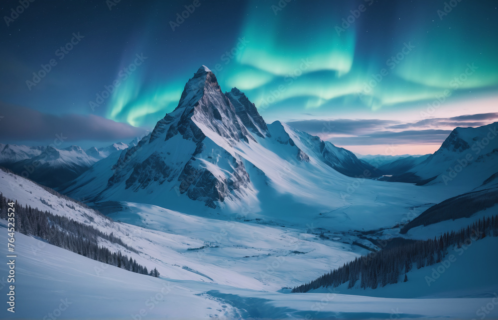 Obraz premium Blue winter landscape Mountains snow aurora borealis