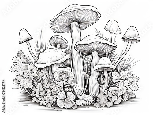 Varied mushrooms flourishing on an old tree stump surrounded by wildflowers - intricate vector coloring illustration for adults