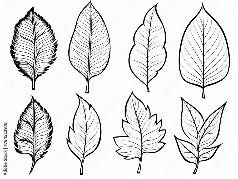 Assorted leaf outlines for creative coloring activities - detailed botanical illustration vector set - obrazy, fototapety, plakaty 