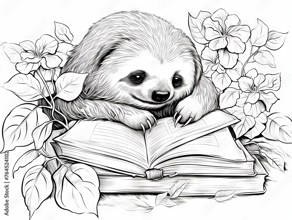 Naklejka premium Autumnal bliss: a serene sloth slumbers atop a literary treasure, encircled by a vase adorned with fall’s bounty and a scattering of acorns and maple leaves - a vector outline for coloring enthusiasts