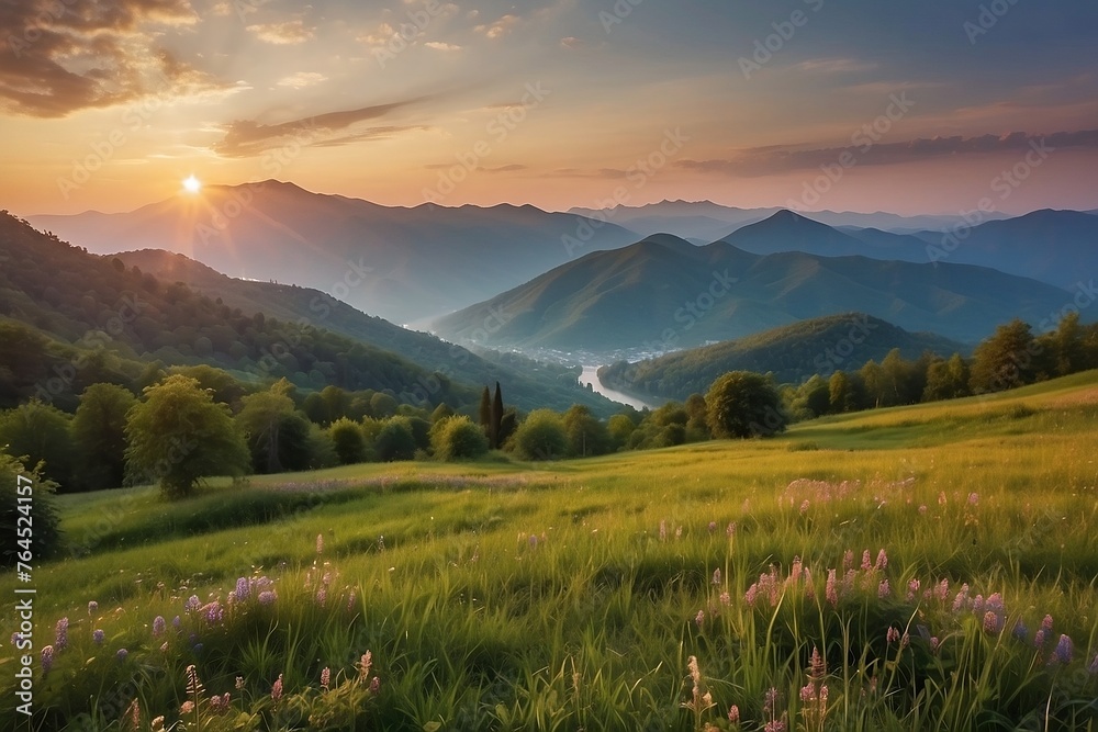 Mountains during sunset. Beautiful natural landscape in the summer time