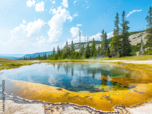 A vivid yellow hot spring with an orange hue, surrounded by white salt and grey rocks in the heart of Yellowstone National Park's Grand Prismatic Spring on a sunny day