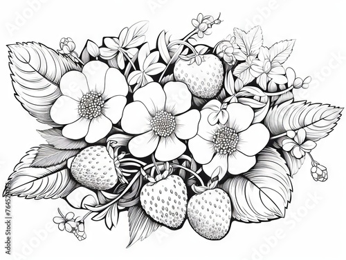 Mindful coloring: intricate strawberry and floral patterns for adult relaxation and meditation - vector illustration