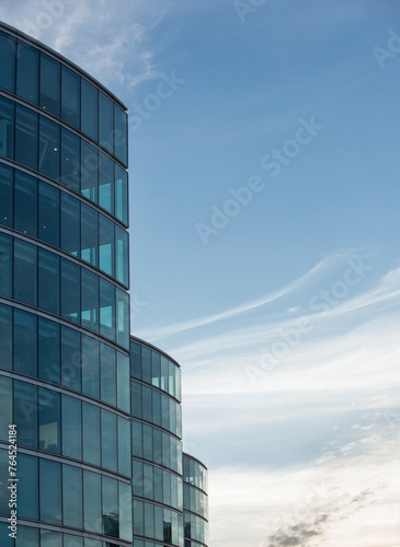 Close up of modern glass office buildings.