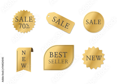 Sale labels gold. sale tags. Gold starburst stickers. Ribbon sale banner. Discount labels. Vector illustration