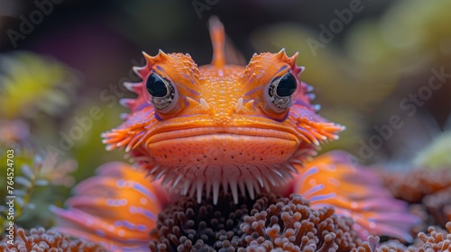  Orange-white fish on coral, close-up with plants and corals in background © Mikus