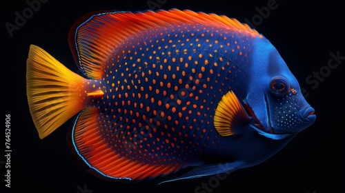  A blue and yellow fish with orange spots on its face and a black background
