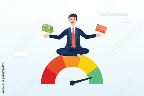 Man hold banknote and credit card sit above credit gauge at good rating, credit score for credit card spending with sufficient cash to pay debt create excellent personal financial plan (Vector)
