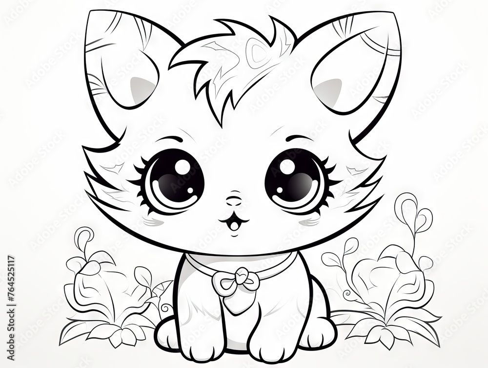 Kawaii cat coloring page - charming and simple line art for creative fun, black and white vector illustration