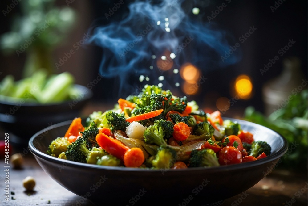 A steaming, freshly cooked mix of colorful vegetables on a black plate, perfect for a healthy meal