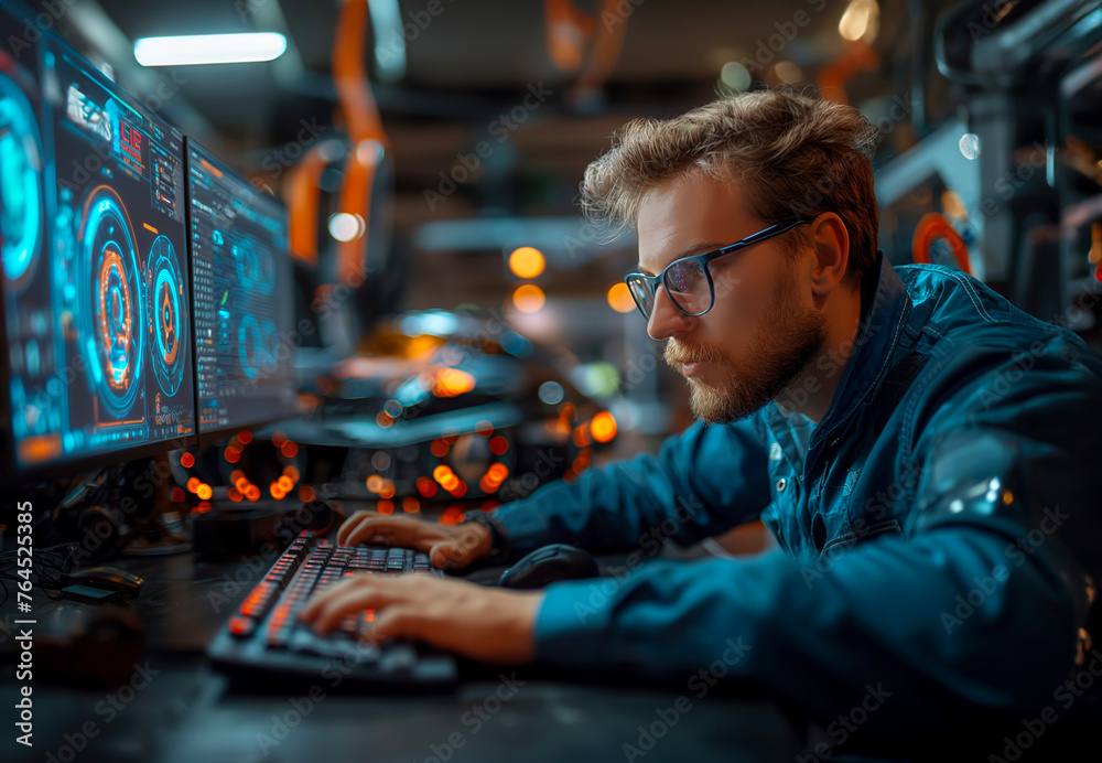 A young male designer with glasses, working on a computer and surrounded by monitors displaying car design and digital blueprints, is the creative process of engineering futuristic vehicles.