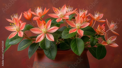  A red background with a potted plant featuring orange flowers and green leaves  positioned against a red wall