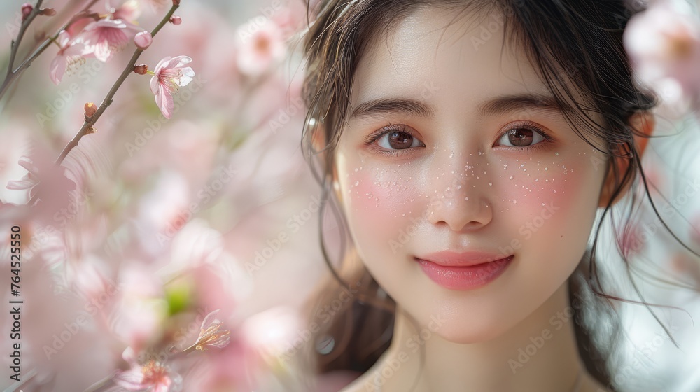 A detailed image of a female face, surrounded by blooming pink flowers in the foreground and background A detailed image of a female face, surrounded by blooming pink flowers in the foreground and background