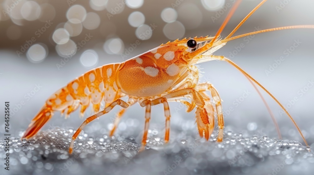 A close-up photo of a shrimp on snow with droplets on the ground and a fuzzy backdrop A close-up photo of a shrimp on snow with droplets on the ground and a fuzzy backdrop