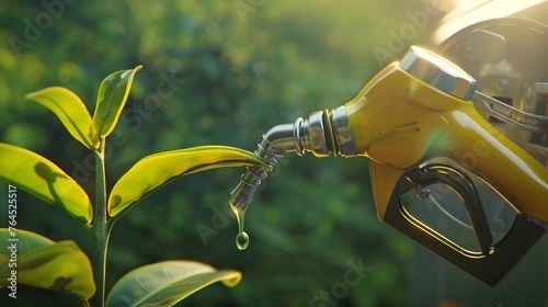 Fuel dispenser with fuel or organic fuel drip and sprouting green plant representing eco-friendliness isolated. Sustainable biofuel idea. 3D render. photo