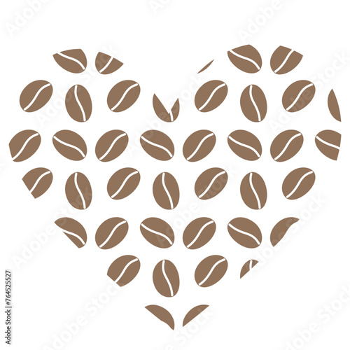 Heart shaped coffee beans in trendy soft brown color in minimalistic style. Greetings design concept