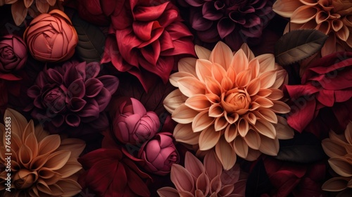 floral background with dahlia, rose and fall leaves photo