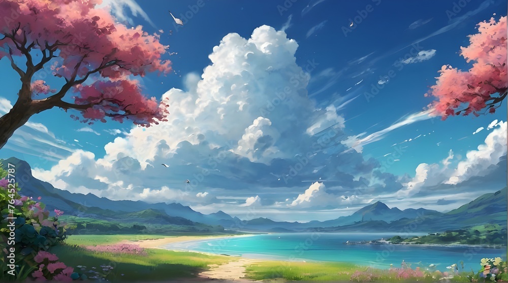 Anime fantasy wallpaper background concept : Scenic mountain lake under a bright blue summer sky with fluffy white clouds, generative ai