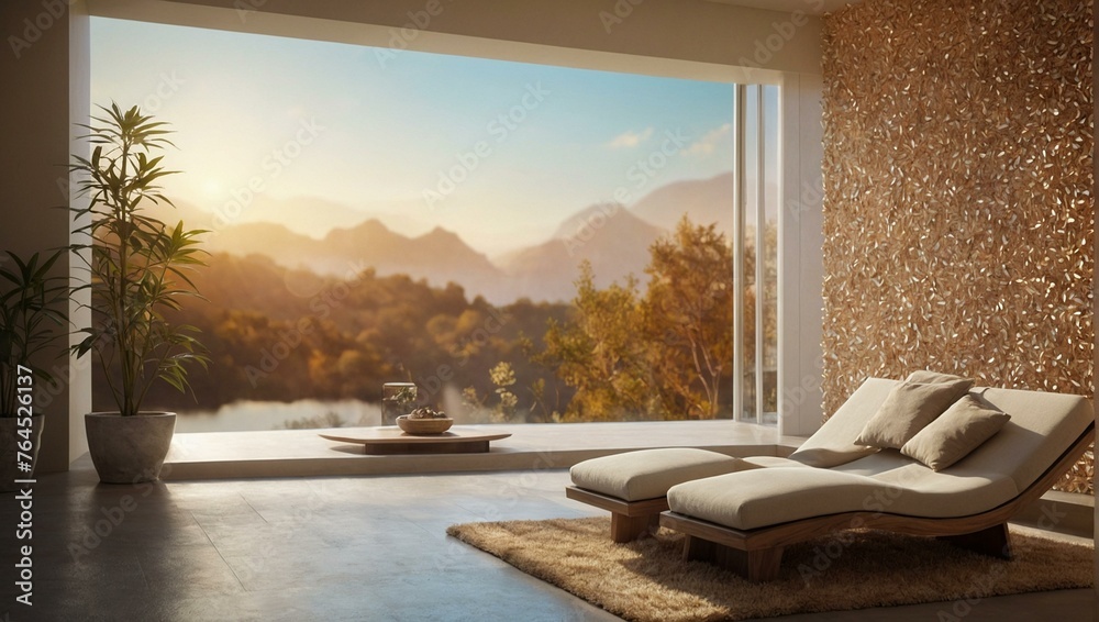 This image showcases a modern room with an open view to nature, denoting luxury and calm