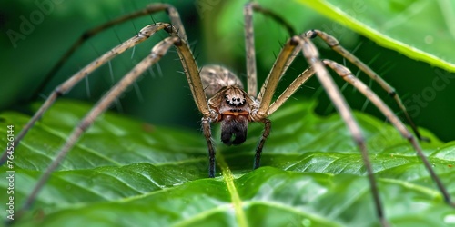 Close-up image of a gliding arachnid on a verdant foliage. © ckybe