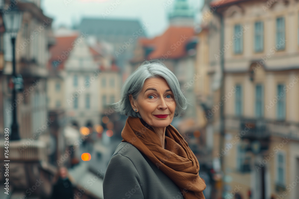Portrait of beautiful tourist senior woman with grey hair against the historic city. Street style photo. Active lifestyle Portrait of beautiful tourist senior woman with grey hair against the historic city. Street style photo. Active lifestyle