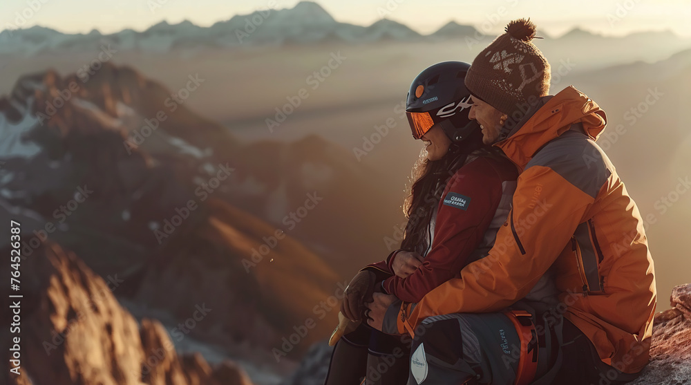 A man and a woman climbers are sitting in an embrace at the top of the mountain. There is a beautiful view in the distance