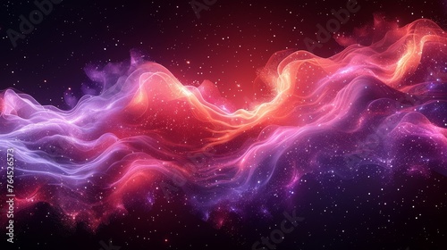  A stunning computer-generated depiction of majestic mountains against a backdrop of twinkling stars  with an electrifying red-blue swirl in the fore