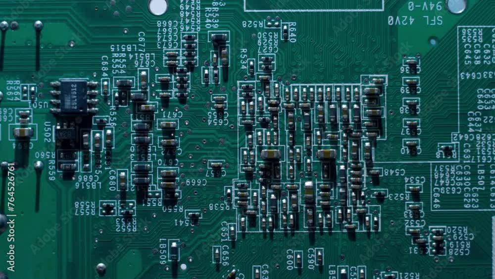 A printed circuit board with radio components that cast shadows that follow the light source. Closeup. Macro