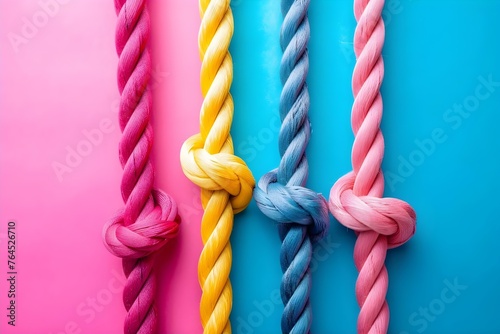 Harnessing the Power of Diversity: A Team of Ropes Representing Strength, Unity, and Teamwork on a Colorful Background. Concept Diversity, Strength, Unity, Teamwork, Colorful Background