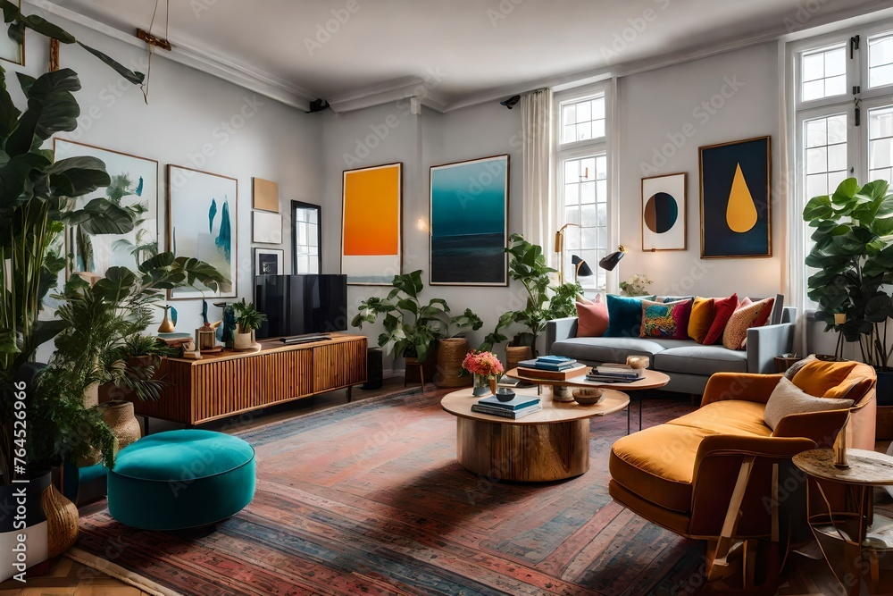 Fototapeta premium An artist's studio-inspired living room with an eclectic mix of colors, quirky furniture, and a gallery wall showcasing creative works 