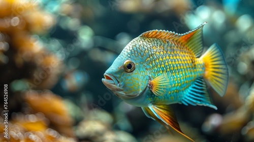  a blue and yellow fish amidst vibrant coral reefs, surrounded by various coral formations in the background