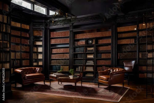 A library-inspired living room with floor-to-ceiling bookshelves, a quiet reading corner, and vintage leather furniture to promote a love of literature. 
