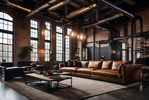 A loft-style living room with  ductwork, industrial lighting, and a mix of leather and metal furniture, embodying urban chic © MB Khan