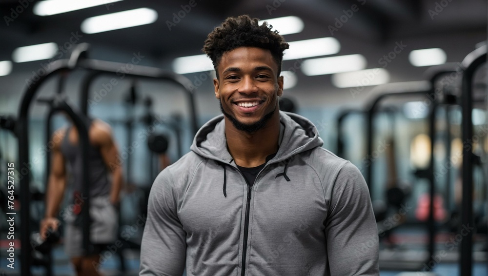 An athletic man smiles confidently at the camera in a well-equipped gym, showcasing a picture of health and fitness An athletic man smiles confidently at the camera in a well-equipped gym, showcasing a picture of health and fitness