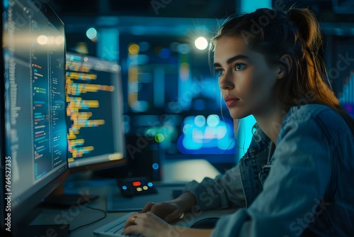A young female AI engineer working on a computer in a tech office writing software code for a big data blockchain project. Concept Tech Office Scene, Software Coding, AI Engineer, Big Data Project