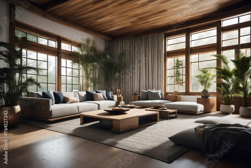 A living area with zen-inspired design that encourages relaxation with its muted color scheme, low seating, and organic features like stone and bamboo 
