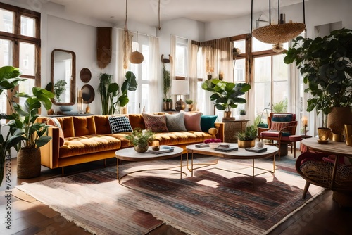 A bohemian-chic living room with an eclectic and relaxed feel thanks to its mismatched furniture  rich textures  and variety of patterns.