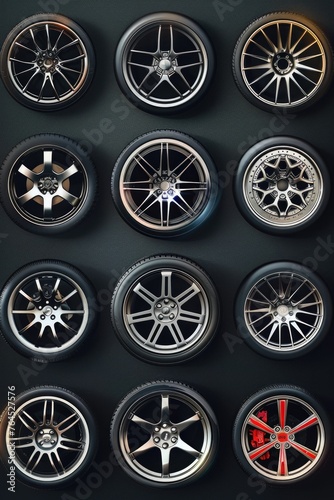 Various types of wheels displayed on a wall, suitable for industrial or transportation concepts photo